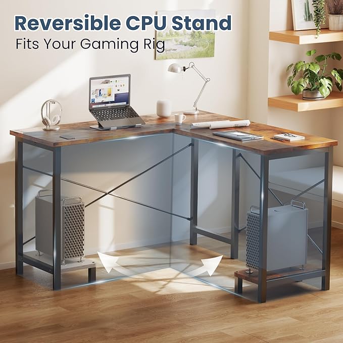 DUMOS L Shaped Desk, Computer Gaming Desks Corner Office Table with CPU Shelf for Home Study Writing Work Station 50 Inch, Rustic Brwon