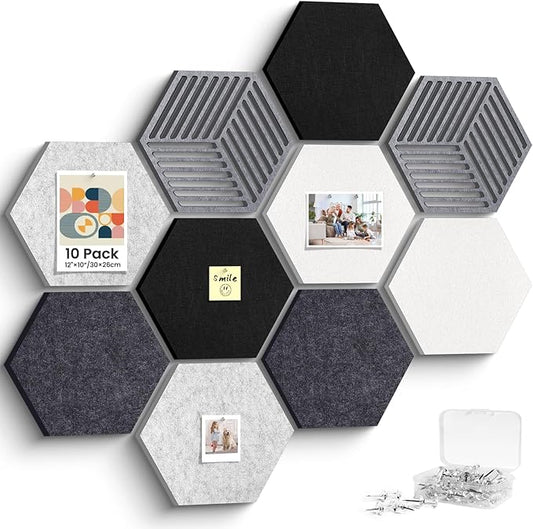 Hexagon Cork Bulletin Boards for Walls Decor, 10 Pack Felt Board Tiles with 25 Push Pins, Photo Display Board for Office & Home Classroom DIY Decor