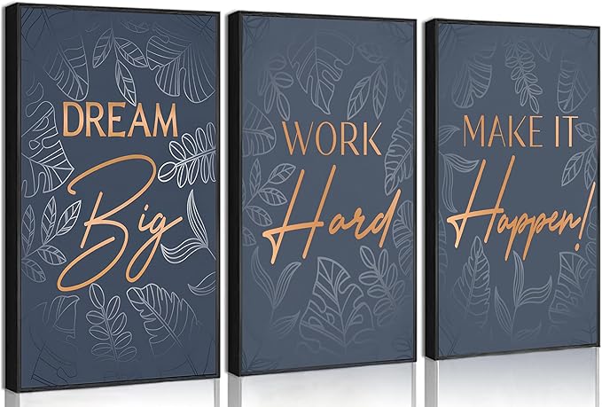 3Pcs Blue Gold Inspirational Office Wall Art Inspiring Motivational Positive Quote Botanical Posters Paintings Pictures Wall Decor Canvas Print Artwork for School Bedroom Living Room Home Decoration Unframed