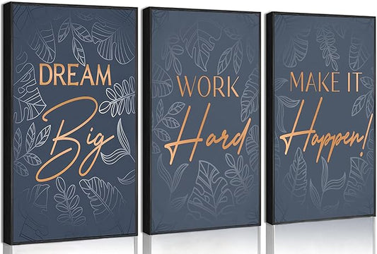 3Pcs Blue Gold Inspirational Office Wall Art Inspiring Motivational Positive Quote Botanical Posters Paintings Pictures Wall Decor Canvas Print Artwork for School Bedroom Living Room Home Decoration Unframed