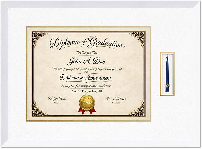 Diploma Frame with Tassel Holder Bright White Shadowbox Oyster Shell Over Gold Mat - Fits 17 x 13 Degree Made in the USA