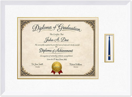 Diploma Frame with Tassel Holder Bright White Shadowbox Oyster Shell Over Gold Mat - Fits 17 x 13 Degree Made in the USA