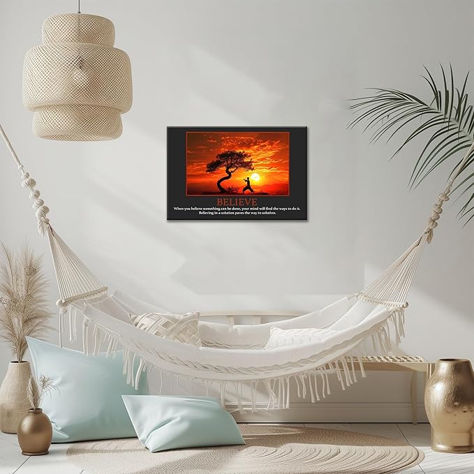 UZMKM - Office Wall Art, Motivational & Inspirational Quotes Canvas Wall Art for Home Office Wall Decor, Positive Quote Wall Decor, BELIEVE Words Poster Frame for Company Wall Decor 24x36 Inch
