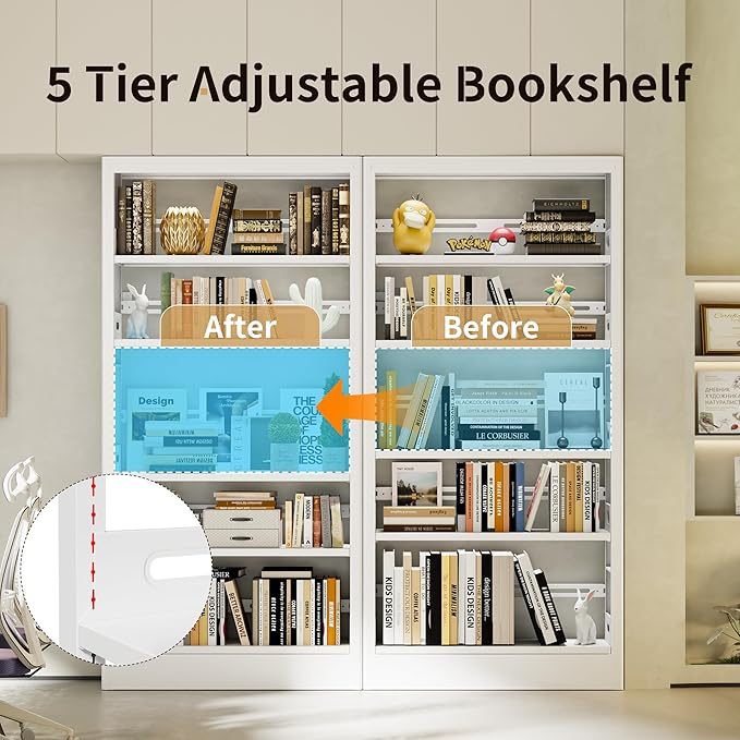 70.9" H Metal Bookshelf, Adjustable Bookcase, 5-Tier Heavy Duty Bookshelf with Bookend, Tall Bookshelves, Bookcase Shelf for Living Room, Office, Library,Classroom (White-108.3W)