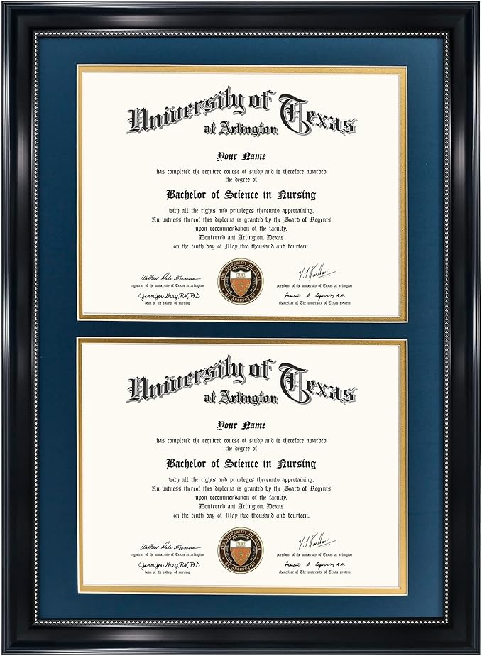 GraduationMall 14x20 Double Diploma Frame, Display 8.5x11 Certificate with Navy over Gold Mat,Tempered Glass,Black with Silver Beads