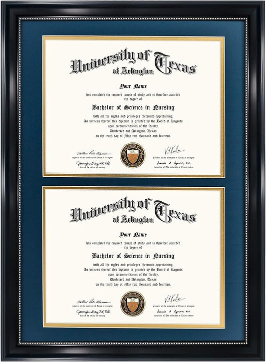 GraduationMall 14x20 Double Diploma Frame, Display 8.5x11 Certificate with Navy over Gold Mat,Tempered Glass,Black with Silver Beads