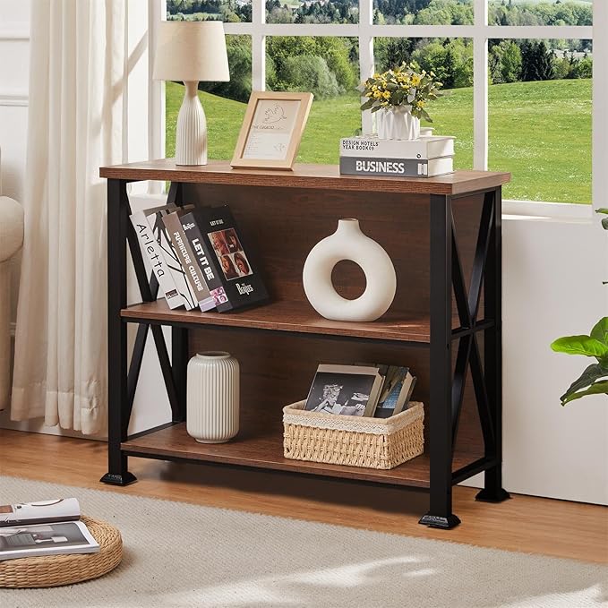 HOMBAZAAR Bookshelf,Small Industrial Bookshelf with Engineered Wood Shelves,3 Tier Shelf Bookcase with Metal Frame,Short Book Shelf for Living Room,Small Space and Office,Rustic Brown