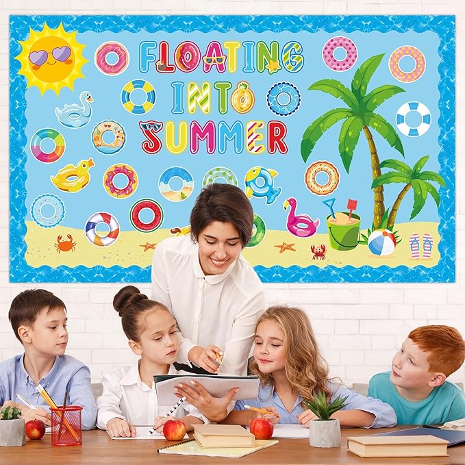 Summer Swim Ring Bulletin Board Decorations Floating Into Summer Cutouts Hawaiian Tropical Theme Swim Ring DIY Photo Craft Bulletin Board Set for Classroom School Office Home Wall Decor Supplies