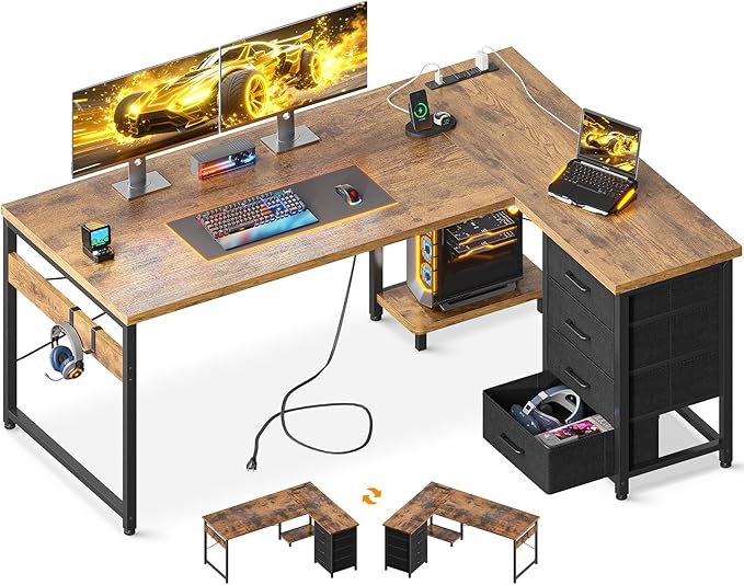 AODK L Shaped Gaming Desk with 4 Drawers, 53" Reversible Home Office Desks with Power Outlets, L Shaped Computer Desk with USB Charging Port and Host Stand, Corner Desk, Easy to Assemble, Vintage