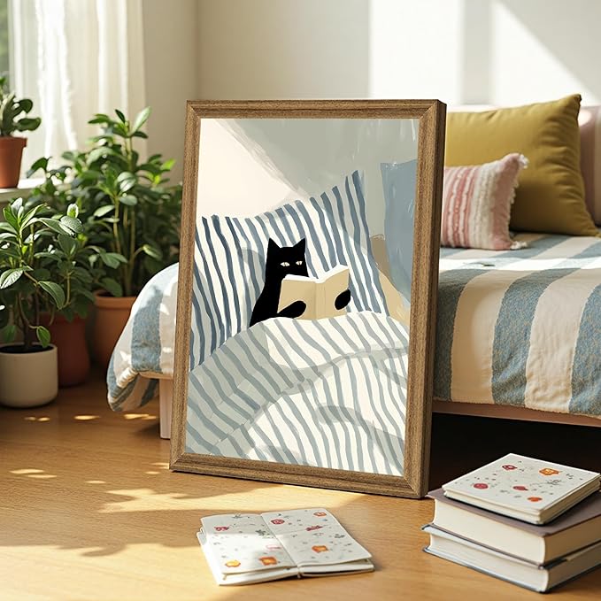 Fantasy Artists Black Cat Reading in Bed Wall Art, Quiet Character Illustration with Soft Neutral Tones, Calm Lifestyle Canvas Print for Bedroom, Reading Nook or Home Office, 16W x 24H