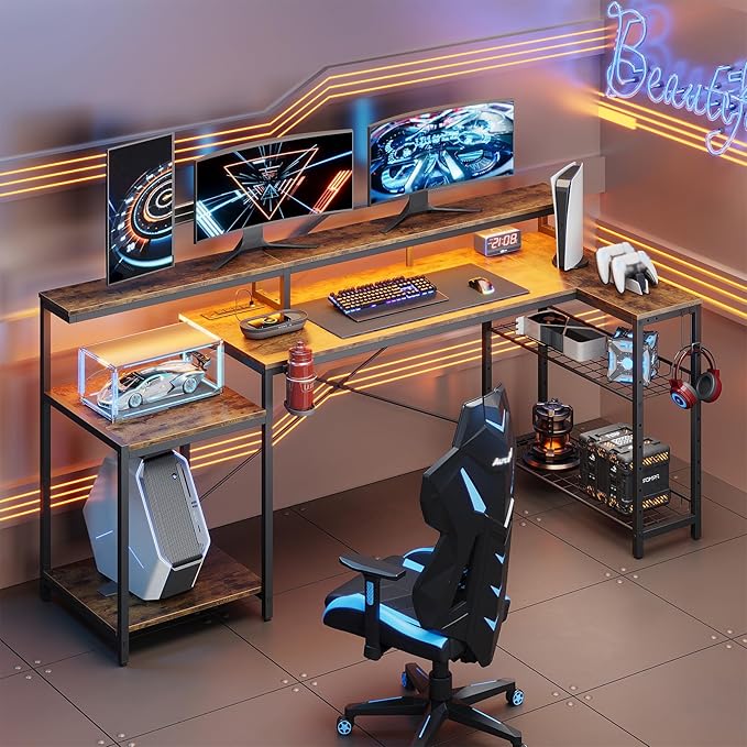 Bestier 71.5 inch Computer Desk with Power Outlets, LED Large Home Office Desk with Monitor Stand, L Shaped Corner Desk with Printer Stand Adjustable Shelf, Cup Holder & Headset Hooks, Brown