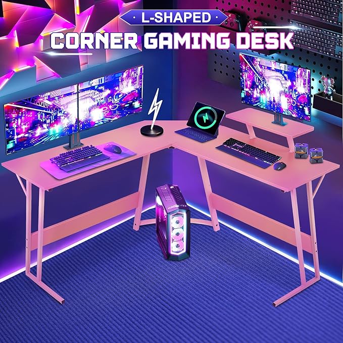 NChanmar L Shaped Gaming Desk with Monitor Riser Stand, Home Office Corner Desk for Studying, Working and Gaming, Large Desktop, Pink