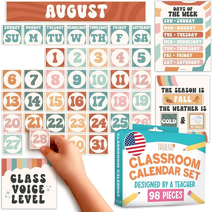 Hadley Designs Classroom Calendar Set Bulletin Board Decorations - Colorful School Calendar for Classroom Decor, Kindergarten Preschool Elementary Teacher Must Haves, Homeschool & Daycare Essentials