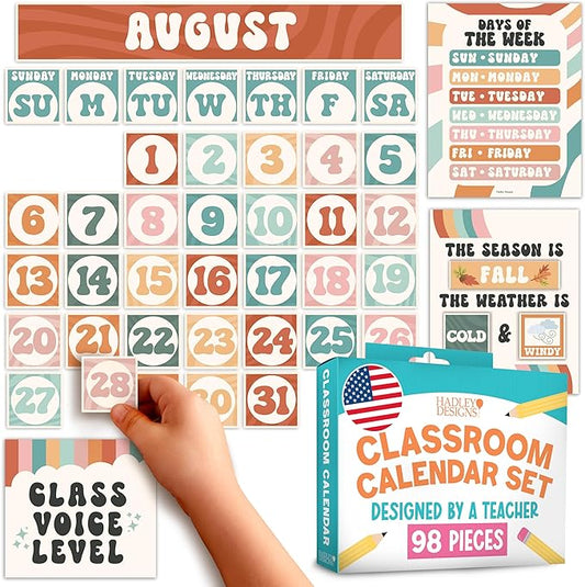 Hadley Designs Classroom Calendar Set Bulletin Board Decorations - Colorful School Calendar for Classroom Decor, Kindergarten Preschool Elementary Teacher Must Haves, Homeschool & Daycare Essentials
