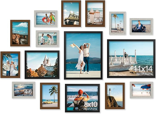 decorUhome Assorted Picture Frames Collage Wall Decor for Photo Gallery Display Set of 16 Including Two 11x14 / Two 8x10 / Six 5x7 / Six 4x6 for Family Wall Decor, Black/Brown/Grey, 16 Pack