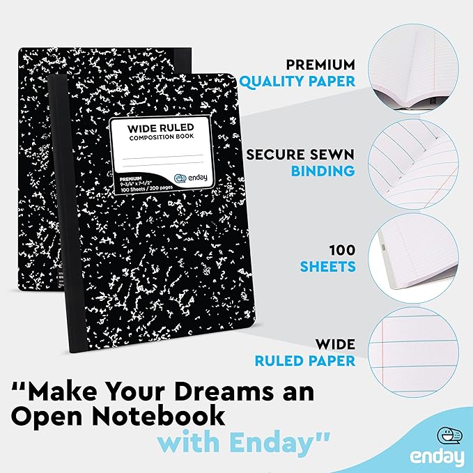 Composition Notebook Wide Ruled (2 Pack) Hard Cover Marble composition notebook, 100 Sheets, Wide Ruled Composition Notebooks, White Paper Composition books, Black and white composition notebook.