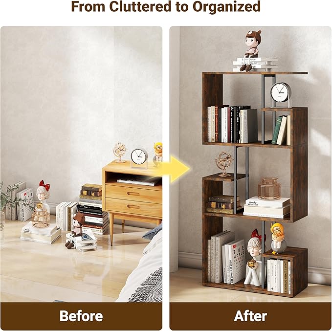 Manora 3 Tier Geometric Bookcase, S Shaped Bookshelf, Modern Bookcase with Tall Display Shelves, Decorative Storage Shelf for Living Room and Bedroom, Dark Brown
