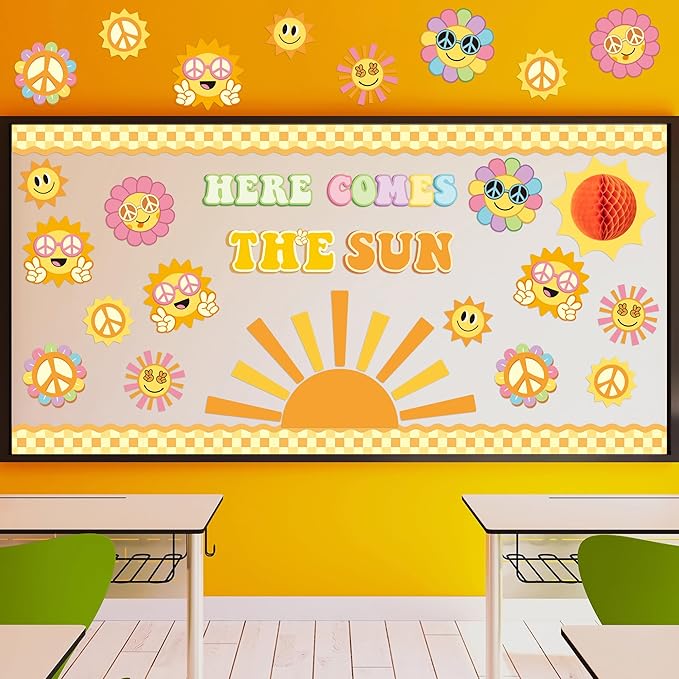 Xqumoi Retro Here Comes The Sun Bulletin Board Decorations - 84Pcs Groovy Hippie Boho Cutouts Name Tags Checkerboard Boarder Trim Back to School Classroom Preschool Kindergarten Chalkboard Wall Decor