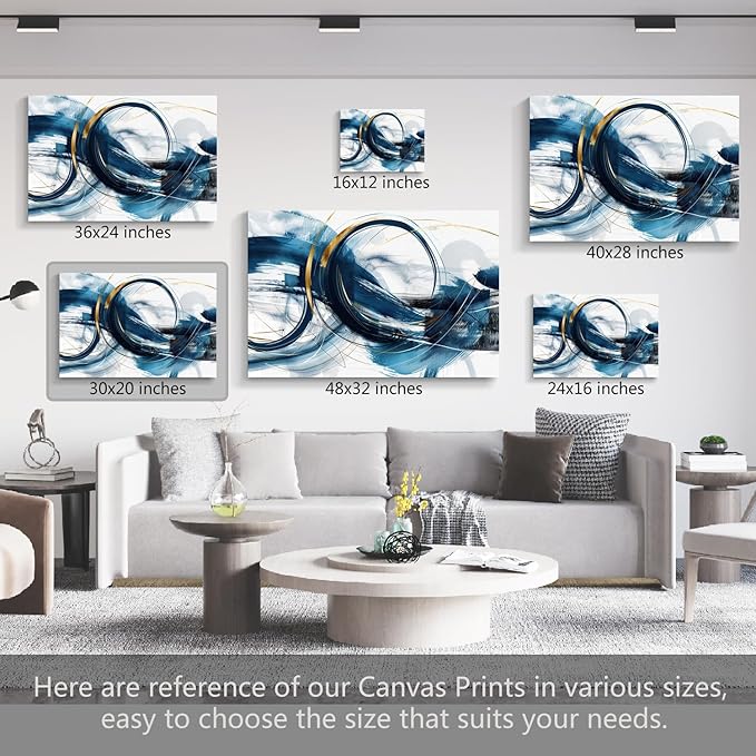 gaosoul Modern Abstract Canvas Wall Art Dynamic Blue Gold Lines Doodled on White Background Paintings Framed Minimalism Artwork Prints for Living Room Bedroom Office Decor 30x20in