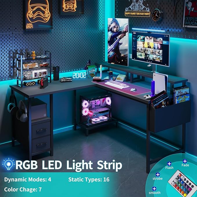 Lufeiya L Shaped Gaming Desk with Led Lights and Power Outlets, 47 Inch Corner Home Office Desk with Monitor Stand Shelves, Writing Study Computer Desks with Fabric Drawers for Bedroom, Black