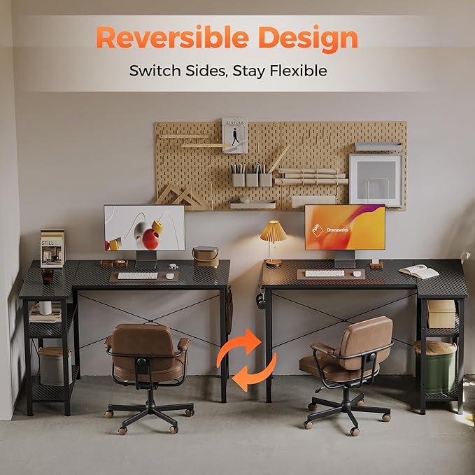 Mericonia Small L Shaped Computer Desk, Reversible Gaming Desk with Storage Shelves, Corner Gamer Desk Table, Study Writing Table