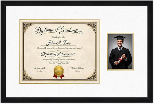 Diploma Frame With Photo Opening Matte Black Oyster Shell Over Gold Mat - Fits 15 x 12 Degree and Picture Made in the USA