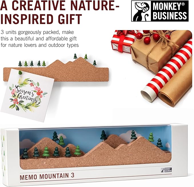 Monkey Business Memo Mountain 3 Cork Board Strips - Corkboard Pin Boards with Mountain Scene Pushpins, Office Accessories, Cute Cork Boards for Walls