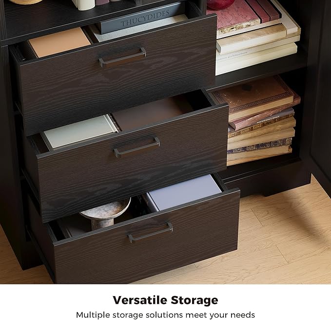 IRONCK Bookshelf, 70.9 Inch Tall Bookcase, Black Book Shelf with Doors and 3 Drawers, 3-Tier Bookshelves with 6 Open Cubes for Home Office, Living Room, Study
