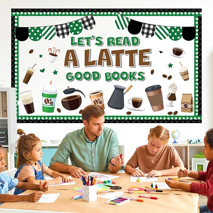 Coffee Bulletin Board Set Coffee Cup Classroom Decoration Latte Paper Cutouts Green Coffeehouse Crafts Teacher's Helper Charts for Back to School Nursery Chalkboard Reading Decor Wall Door