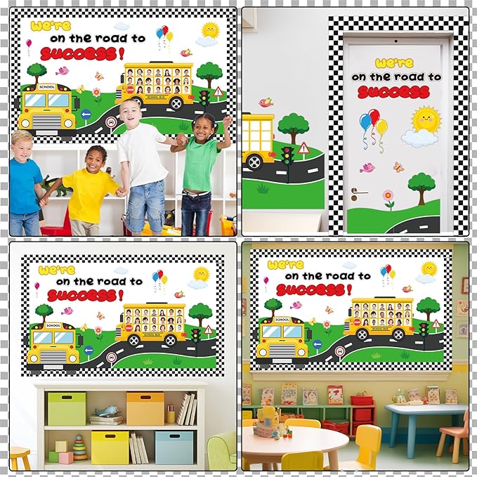 gisgfim Back to School Bulletin Board Classroom Decoration School Bus Cutouts We' re On The Road to Success Bulletin Board for Classroom Back to School Door Chalkboard Nursery Wall Decor Supplies