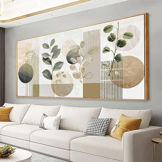Boho Wall Art Minimalist Canvas Wall Art Decor Geometric Line Leaf Beige Green Wall Art Canvas Artwork Print Paintings Abstract Art Botanical Boho Room Office Home Wall Decor 20" X 40" With Framed
