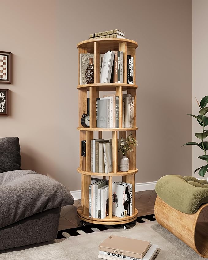 Rotating Bookshelf, 4 Tier Solid Wood Bookshelf Tower with Lockable Wheels, 360° Spinning Revolving Bookcase for Small Spaces, Corners, Bedroom, Kids Room, Home Office, Natural