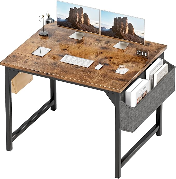 Shahoo 32 Inch Computer Desk, Wood Modern Simple Home Office Table for Small Spaces with Storage Bag and Headphone Hook for Home, Office, Study, Writing, Rustic Brown