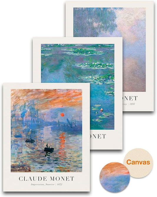 HesenDot Unframed Claude Monet Wall Art Set of 3,12x16in Water Lilies Impressionist Canvas Prints,Abstract Posters Decor,Minimalist Modern Artwork for Living Room Bedroom Office Home