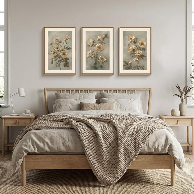 KAIRNE Vintage Botanical Flower Wall Art Set of 3, Modern Boho Floral Framed Canvas Art,Mid Century Nature Wildflower Wall Decor, Green, Beige for Living Room, Bedroom, Farmhouse, Office 16x24 Inch