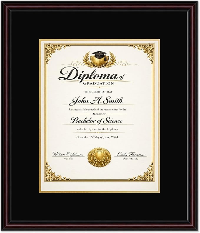CountryArtHouse Diploma Frame Fits 11 x 14 College Diploma (Portrait) - Keepsake Graduation Display Executive Brown Genuine Hardwood with Black Over Metallic Gold Double mat