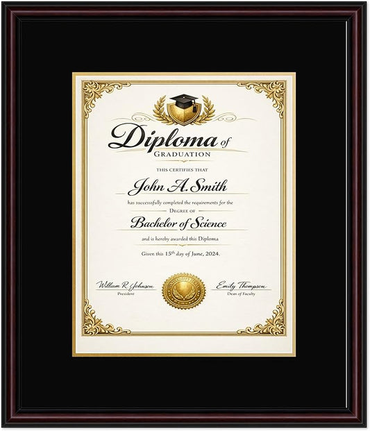 CountryArtHouse Diploma Frame Fits 11 x 14 College Diploma (Portrait) - Keepsake Graduation Display Executive Brown Genuine Hardwood with Black Over Metallic Gold Double mat