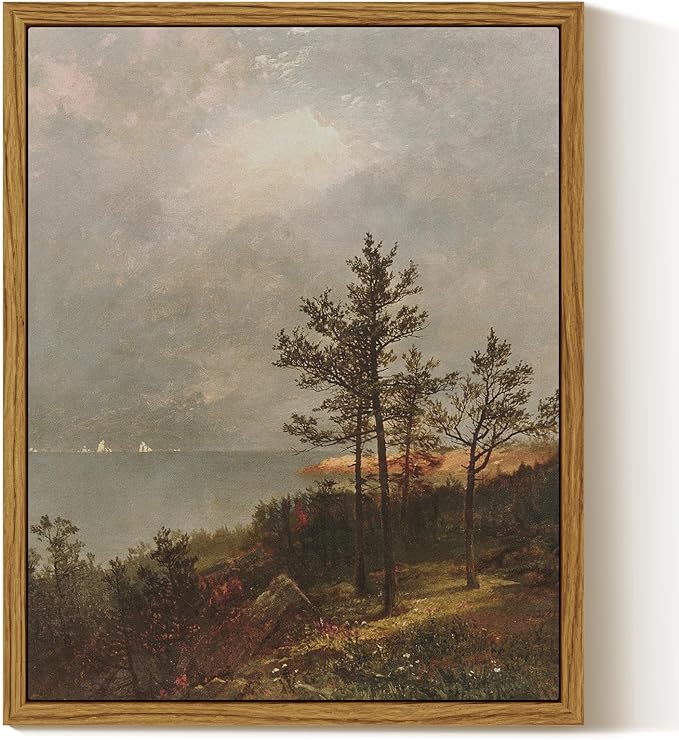 InSimSea Framed Canvas Print Art, Vintage Lakeside Pine Forest Landscape Painting, Rustic Farmhouse Cottage Decor for Hallway Wall Floating Shelf Desk Vanity Fireplace,10x8in, Neutral Tones