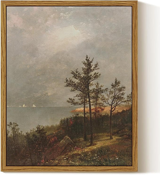 InSimSea Framed Canvas Print Art, Vintage Lakeside Pine Forest Landscape Painting, Rustic Farmhouse Cottage Decor for Hallway Wall Floating Shelf Desk Vanity Fireplace,10x8in, Neutral Tones