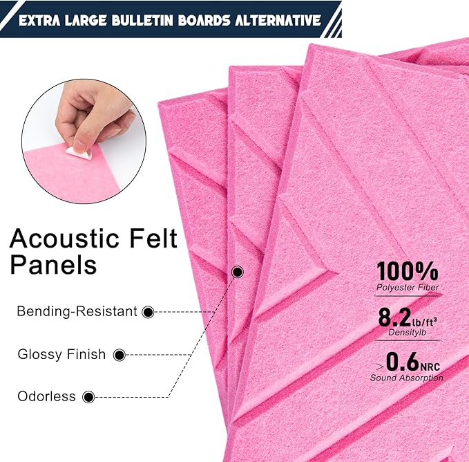 Large Cork Board Alternative - 6 Pack 36" x 24" Felt Wall Tiles with Safe Removable Adhesive Tabs, Pink Cork Boards for Walls Pin Board Bulletin Board Cork Board for Office
