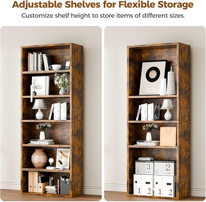 6-Tier Industrial Bookcase, 63" Tall Freestanding Wood Bookshelf with Open Display Storage Shelves for Living Room, Bedroom, Home Office, Rustic Brown