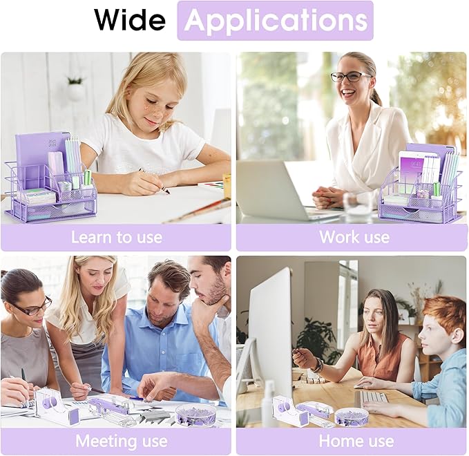 Purple Desk Organizers and Accessories, Purple Office Supplies with Mesh Desk Organizer, Acrylic Tape Dispenser and Stapler, Staples, Ballpoint Pen, Clips Set, Ruler, Scissor, Sticky Labels