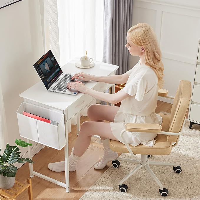 Sweetcrispy Computer Desk Small 32 Inch Home Office Bedroom Writing Study PC Table with Fabric Storage Drawers Space Side Bag Headphone Hook Metal Frame Adjustable Feet Modern Simple Style, White Wood