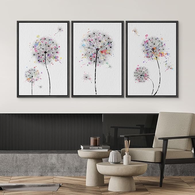 SIGNWIN Framed Canvas Print Wall Art Dandelions & Watercolor Dots Floral Wilderness Drawings Modern Art Rustic Closeup Multicolor Ultra for Living Room, Bedroom, Office - 24"x36"x3 Black