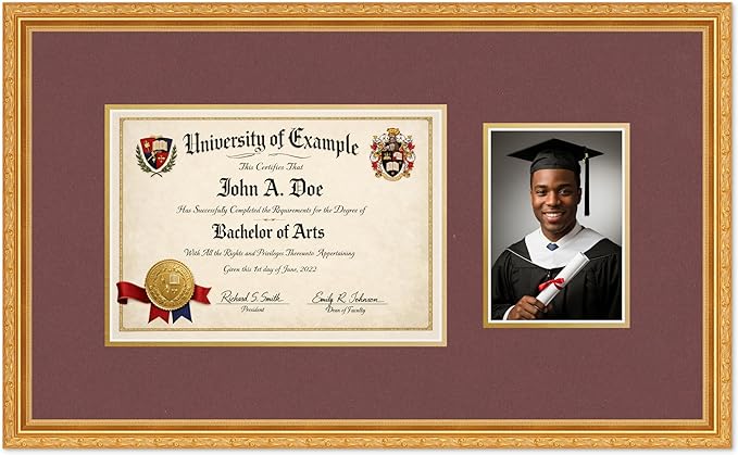 CountryArtHouse Fits 11.69 x 8.27 A4 Certificate and 5 x 7 Photo Diploma and Photo Frame Museum Gold Genuine Hardwood with Dark Red Over Metallic Gold Double mat