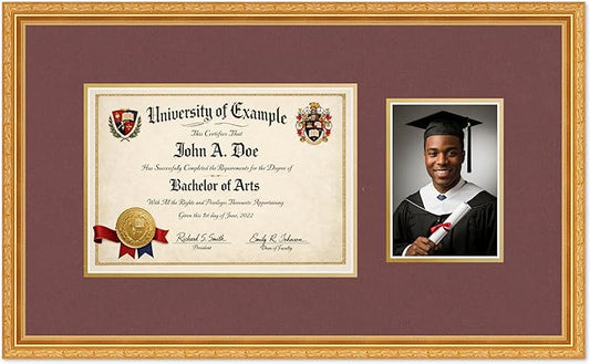 CountryArtHouse Fits 11.69 x 8.27 A4 Certificate and 5 x 7 Photo Diploma and Photo Frame Museum Gold Genuine Hardwood with Dark Red Over Metallic Gold Double mat