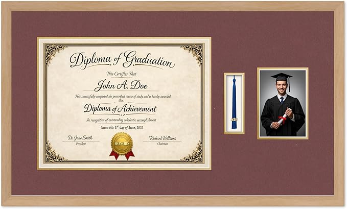 Diploma Tassel and Photo Frame Natural Wood Shadowbox Dark Red Over Gold Mat - Fits 17 x 13 Degree Picture Made in the USA