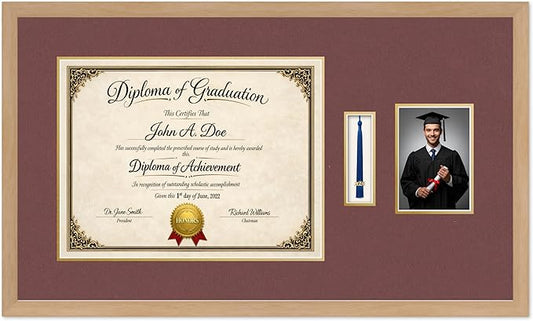 Diploma Tassel and Photo Frame Natural Wood Shadowbox Dark Red Over Gold Mat - Fits 17 x 13 Degree Picture Made in the USA
