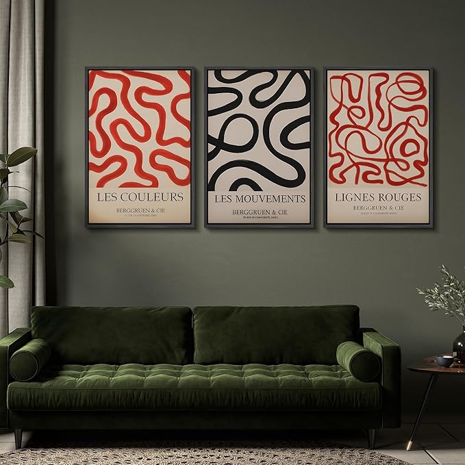SIGNFORD Framed Wall Art Print Set French Modern Abstract Line Red and Black Curved Shapes Digital Art Modern Art Contemporary for Living Room, Bedroom, Office - 24"x36"x3 BLACK
