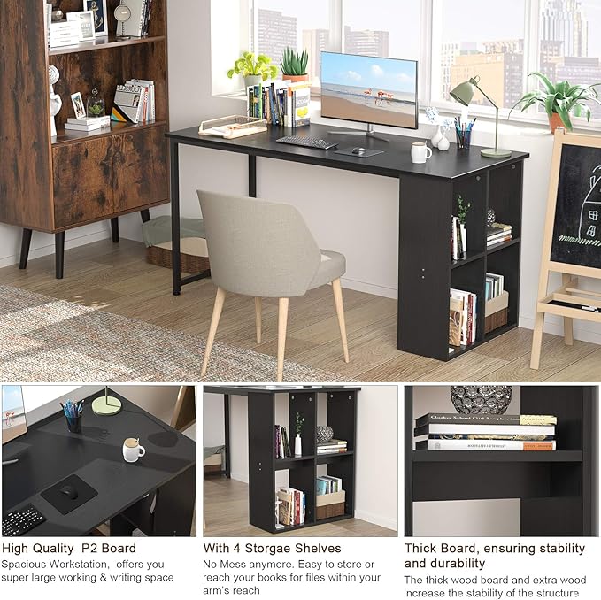 Topfurny 47.2'' Computer Desk with Storage Shelves, Modern Home Office Desk Computer Table with Cabinets, Student Studying Writing Desk Wood Desk Workstation for Home Office, Black